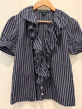 Lauren Ralph Lauren Navy and White Vertical Stripe Ruffle Blouse